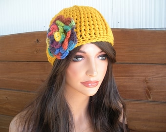 Gold Crochet Cloche Hat with Multicolor Flower, Winter Beanie