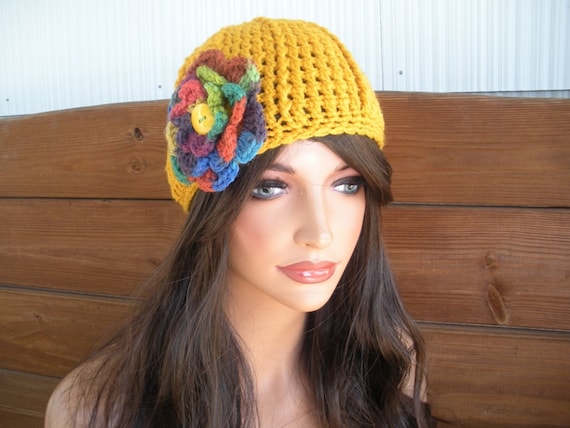 Gold Crochet Cloche Hat with Multicolor Flower, Winter Beanie