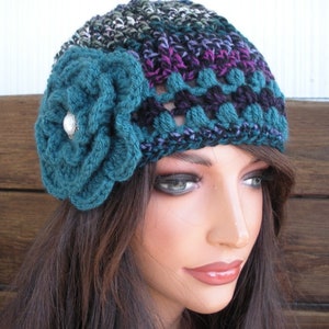 Crochet Hat Womens Hat Winter Fashion Accessories Women Beanie Hat Cloche Multicolored with Teal Stripes and Flower