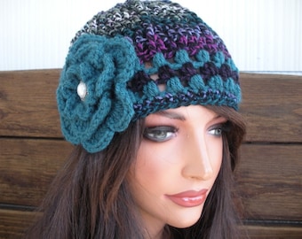 Crochet Hat Womens Hat Winter Fashion Accessories Women Beanie Hat Cloche Multicolored with Teal Stripes and Flower