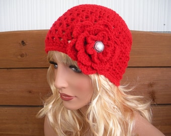 Cherry Red Crochet Hat: Women Beanie Winter hat with Flower - Choose color