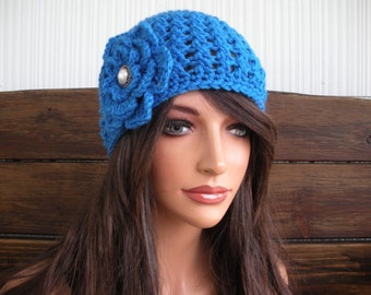 Blue Crochet Hat Cloche: Winter Fashion Women Beanie with flower - Choose color
