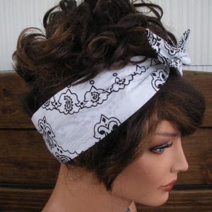 Wired Headband Dolly Bow Headband Summer Fashion Accessories Women Headscarf Bandana White Paisley - Choose color
