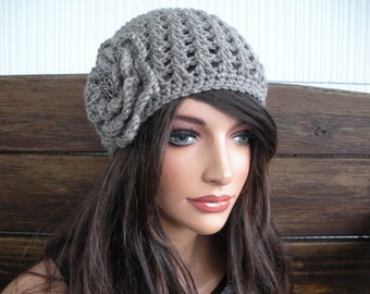 Taupe Sparkle Crochet Cloche Hat with Flower