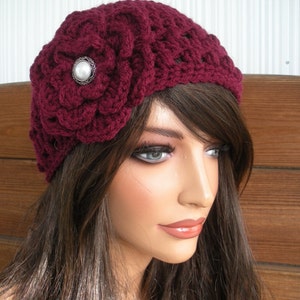 Womens Hat Winter hat Crochet Hat Winter Fashion Accessories Women Beanie Hat in Claret with Crochet Flower - Choose color