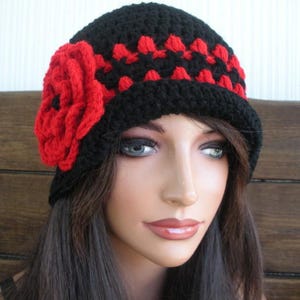 Crochet Bucket Hat: Black Acrylic, Cherry Red Stripes & Flower
