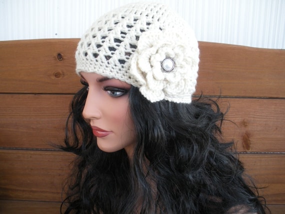 Beige Crochet Cloche Hat – Women's Winter Beanie With Flower