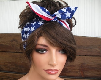 WIRED HEADBAND American Flag 4th of July Headband Summer Fashion Accessories Women Dolly Bow Headband Headscarf Bandana