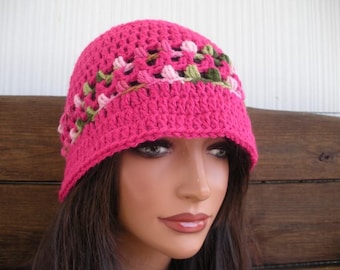 Crochet Bucket Hat: Winter Fashion Women Hat, Hot pink with Multicolored Stripes