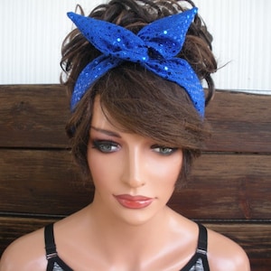 Womens Headband WIRED Dolly Bow Headband Summer Fashion Accessories Women Headscarf in Sparkle Royal blue - Choose Color