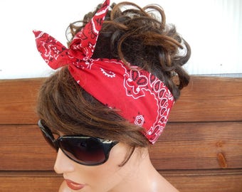 Womens Headband Wired Dolly Bow Summer Fashion Accessories Women Headscarf Bandana in Red Paisley print - Choose color