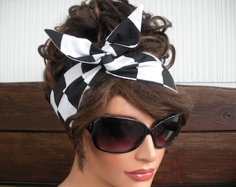 Wired Headband: Black and White Checkered Dolly Bow Headscarf