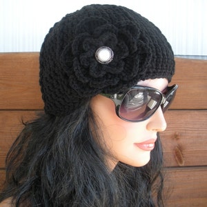 Women's Hat Winter Crochet Hat Winter Fashion Accessories Women Beanie Hat Cloche Winter Hat in Black with Crochet Flower - Choose color