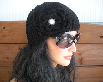 Women's Hat Winter Crochet Hat Winter Fashion Accessories Women Beanie Hat Cloche Winter Hat in Black with Crochet Flower - Choose color