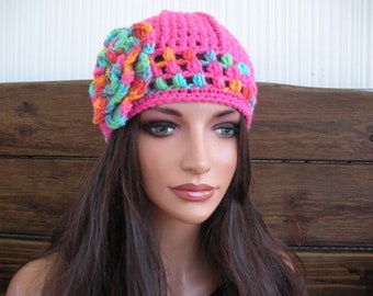 Crochet Hat Women's Hat Winter Fashion Accessories Women Beanie Cloche Hat in Hot pink with multicolored stripes and flower