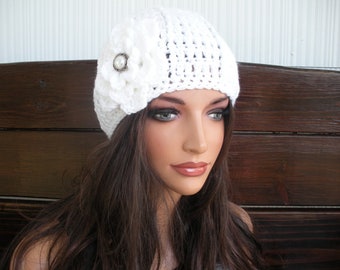 White Metallic Crochet Cloche Hat Winter Fashion Accessories Women Beanie with flower - Choose color