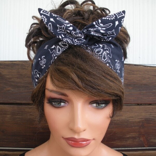 WIRED Headband Dolly Bow Headband Summer FashionHair Accessories Women Headscarf Hairscarf Navy Blue Bandana - Choose color