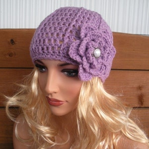 Womens Hat Crochet Hat Winter Fashion Accessories Women Beanie Hat Cloche in Lilac with flower - Choose color
