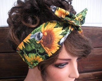 Womens Headband Wired Headband Dolly Bow Headband Summer Headband Fashion Accessories Women Headscarf with Sunflower print