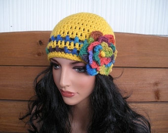 Mustard Yellow Crochet Cloche Hat: Winter Beanie with Multicolor Flower