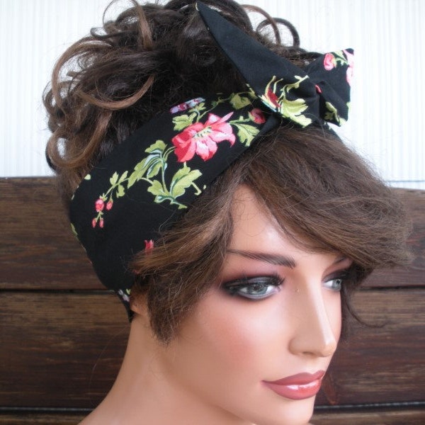 Womens Headband WIRED Dolly Bow Headband Summer Fashion Accessories Women Headscarf Headwrap in Black with pink flowers