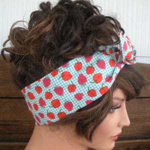 WIRED HEADBAND Dolly Bow Headband Retro Summer Fashion Headscarf Blue Gingham with Strawberry print