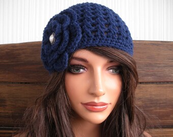 Womens Hat Winter Hat Winter Fashion Accessories Women Beanie Hat Cloche in Soft Navy Blue with flower - Choose color