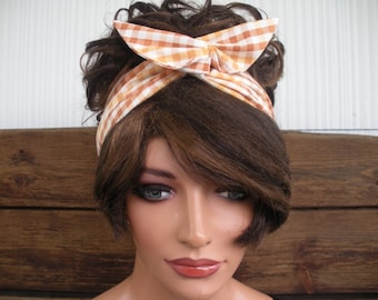 Wired Headband: Beige Checkered Dolly Bow, Summer Fashion
