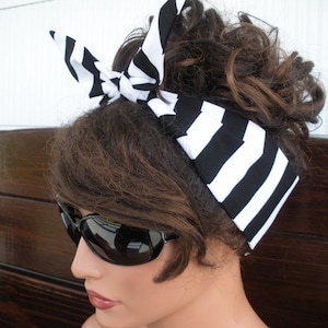 Womens Headband Dolly Bow Headband Summer Fashion Accessories Women Headscarf Tie up Headband in Black and White stripes