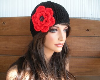 Black Crochet Hat: Winter Fashion Women Beanie Cloche with Cherry Red Flower