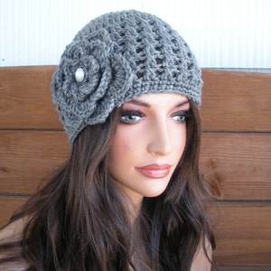 Womens Hat Crochet Hat Winter Fashion Accessories Women Beanie Hat Cloche in Grey Heather with Crochet flower - Choose color