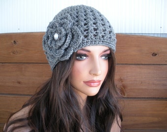 Womens Hat Crochet Hat Winter Fashion Accessories Women Beanie Hat Cloche in Grey Heather with Crochet flower - Choose color