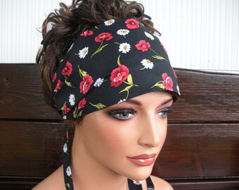 Womens Headband Fabric Headband Summer Fashion Accessories Women Headscarf Yoga Headband in Black with red flower daisy