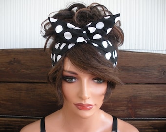Black Polka Dot Wired Headband: Dolly Bow Headscarf Summer Women Headwrap