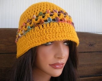 Crochet Bucket Hat: Winter Fashion Women Hat, Gold with Multicolored Stripes