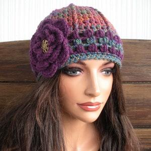 Womens Hat Winter Crochet Hat Winter Fashion Accessories Women Beanie Cloche Hat in Multicolor stripes with Dark purple flower