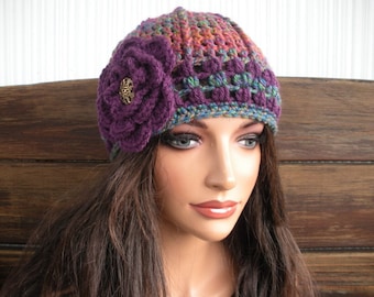 Womens Hat Winter Crochet Hat Winter Fashion Accessories Women Beanie Cloche Hat in Multicolor stripes with Dark purple flower