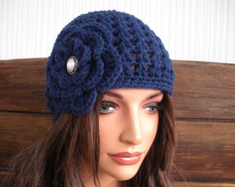 Navy blue Crochet Hat: Women Beanie Winter Hat with Flower - Choose color