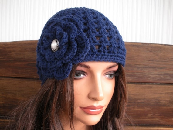 Crochet Cloche Hat: Women Winter Beanie Navy Blue With  display picture 3