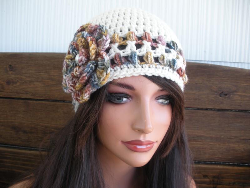 Vintage Beige Crocheted Beanie Hat With A Sprig Of Multi Colored Fruit Attached Beige Crocheted Beanie Hat | Accessories | Vintage Beige  main image 4