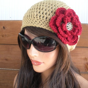 Womens Hat Slouchy Crochet Hat Winter Fashion Accessories Women Beanie Hat in Tan with Burgundy crochet flower