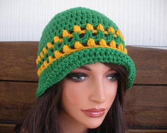 Crochet Bucket Hat: Kelly Green & Gold Stripes, Summer Fashion