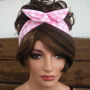 Womens Headband WIRED Doll Bow Summer Fashion Accessories Women Headscarf in Pink and White Checkered print