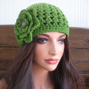 Crochet Hat Winter Womens Hat Winter Fashion Accessories Women Beanie Hat Cloche Green ombre with flower