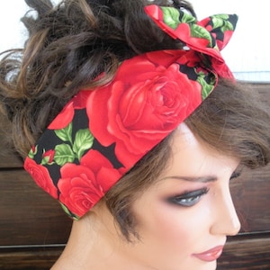 WIRED HEADBAND Dolly Bow Headband Summer Fashion Accessories Women Headscarf Hair scarf Black with large red roses