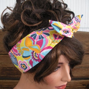 Womens Headband WIRED Dolly Bow Summer Fashion Accessories Women Headscarf Bandana in Yellow with multicolor flower print