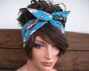Wired Headband: Dolly Bow Summer Headscarf, Retro Fashion Blue Sailor Red Roses Print
