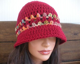 Crochet Bucket Hat: Winter Fashion Women Hat, Burgundy with Multicolored Stripes