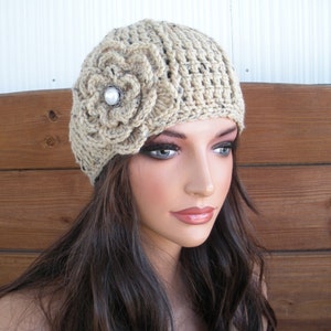 Crochet Hat Women's Hat Winter Fashion Accessories Women Beanie Cloche Hat in Beige Tweed  with crochet flower by creationsbyellyn