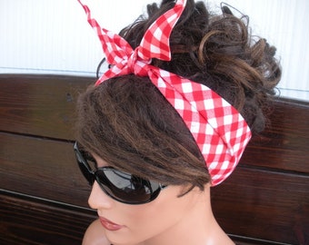 TIE UP Dolly Bow Headband, Summer Headscarf Bandana in Red Checkered print